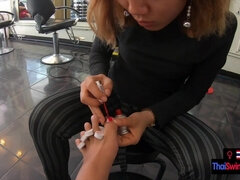 THAI SWINGER - Pedicure for the Japanese teenager gf and a feetjob by her later