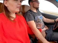 Brunette, sex while driving, public outside