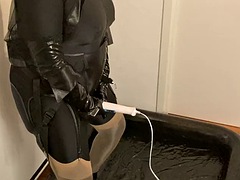 Spandex, nylon stockings, heels pissing and masturbation bondage