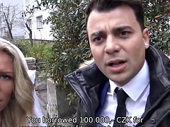 DEBT4k. Pretty blonde enjoys sex with a loan shark in front of her boyfriend