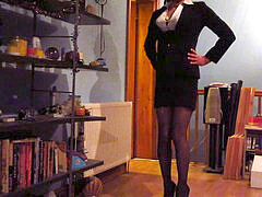 Having fun in my luxurious dark-hued suit & stocking