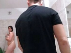 He bangs wet brunette bbw slut in the bathroom