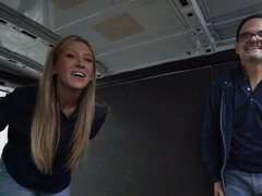 Dirty blonde fucking with co-worker in a warehouse