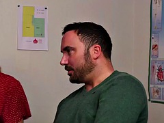 Waiting room CFNM sluts tugging cock