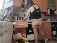 Gorgeous mom Mirsur makes breakfast with her big tits and hairy pussy while cleaning house