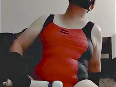 Chubby femboy fucks pillows and shows ass in sexy backless swimsuit