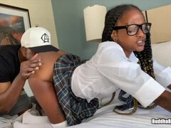 Petite ebony slut Raven Swallows takes BBC in her mouth during study session