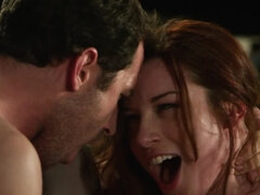 Slender redhead coaxes friend to have hard sex in library