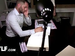 Ivy Lebelle's big tits bounce as her employee pounds her shaved pussy with his huge load