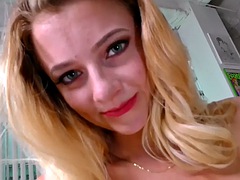 Handjob small boobs GF jerks oiled cock in closeup POV