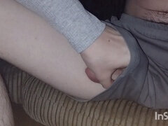 Public handjob and oral pleasure in tight shorts at a wild party