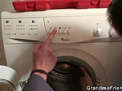 Very old blonde granny pleases two workers