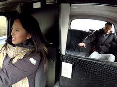 Smallboob Asian taxi driver gets pussy stuffed on backseat