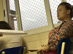 High high-heeled slippers in classroom candid