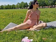 Outdoor, open pussy, long legs