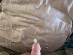 Masturbating in uniform with a condom already full of friends semen