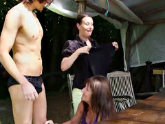 Watch these CFNM mature sluts give a wild outdoor BJ and handjob in a threesome