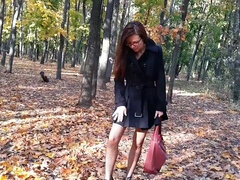 Walking NO PANTIES in Pantyhose #PUBLIC Autumn Park