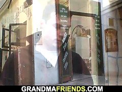 Boozed blonde granny is picked up for double fuck