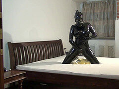 dame In 2 Layers Of latex Catsuits dark-hued + Transparent With Gas Mask + Piss