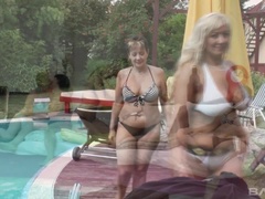 Four mature lesbians eat pussy poolside