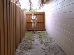 outdoor workout - busty babe with hairy pussy jogging naked in her patio