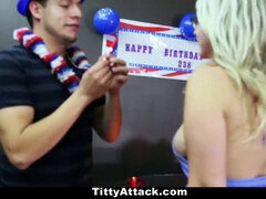 Sunny Hart's massive tits get pounded hard on the 4th of July by a chubby guy's hard cock