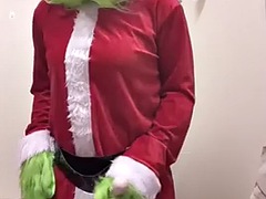 Christmas Grinch cosplay vibrates orgasm until moanibg loudly