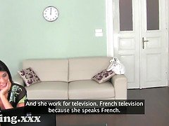 Hot brunette gets brutally fucked on the couch in business class