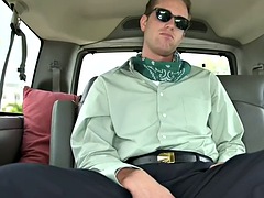 Blindfolded straight guy gets a gay cumshot in a van