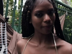 Tight-bodied black babe is polishing big white pecker