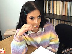 Quick cum in panties in the college study room leads to petite girl getting dripped on