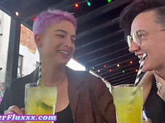 Dyed hair lesbian girlfriend licked out by tattooed gay at home in bed