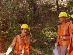 Small boobies babe getting gang-fucked by workers