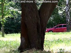 Old slut Vicky almost caught fucking young Daniel outdoors