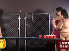 Hot Lesbian Strip Beer Pong Game - Big Tits Brunette & Redhead Babes Lose Bet