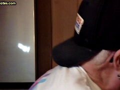 Gloryhole amateur DILF gives closeup blowjob and handjob