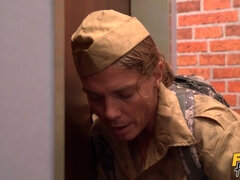 Horny soldier fucks two beautiful blonde ladies at once