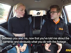 British blonde babe gets her tight pussy creampied in fake driving school