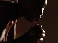 Bald-headed ebony with natural boobs gets fucked in the dark