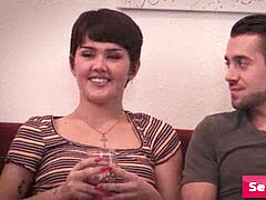 spectacular brunette teen ladyboy seduces her boyfriend on the bed (Dante Colle, Daisy Taylor)