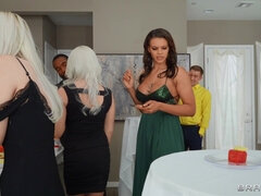 Two hung studs fuck Halle Hayes from both ends at a house party