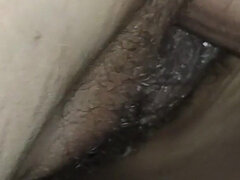 Blowjob sex in doggy style, hairy pussy drenched in cum