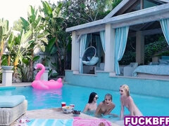 Two lesbian besties turn one into a wild outdoor threesome with pussy licking and oral sex