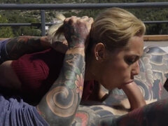 Shaved pussy blondie enjoying his meaty penis inside