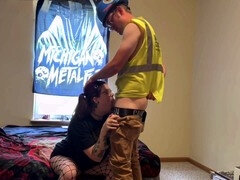 Goth girl Molly gets drilled by the electrician on the construction site