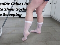 Muscular Calves in White Sheer Calf Length Socks While Sweeping Kitchen