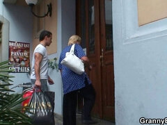 Watch this busty blonde granny ride his hard cock with her massive tits bouncing