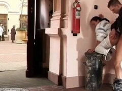 아마추어, 엉덩이, 흑갈색 머리, 얼굴에, 야외의, 공개적인, 현실, 빨아들이는