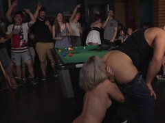 Bruisers and their assistant humiliate girl in middle of pool bar